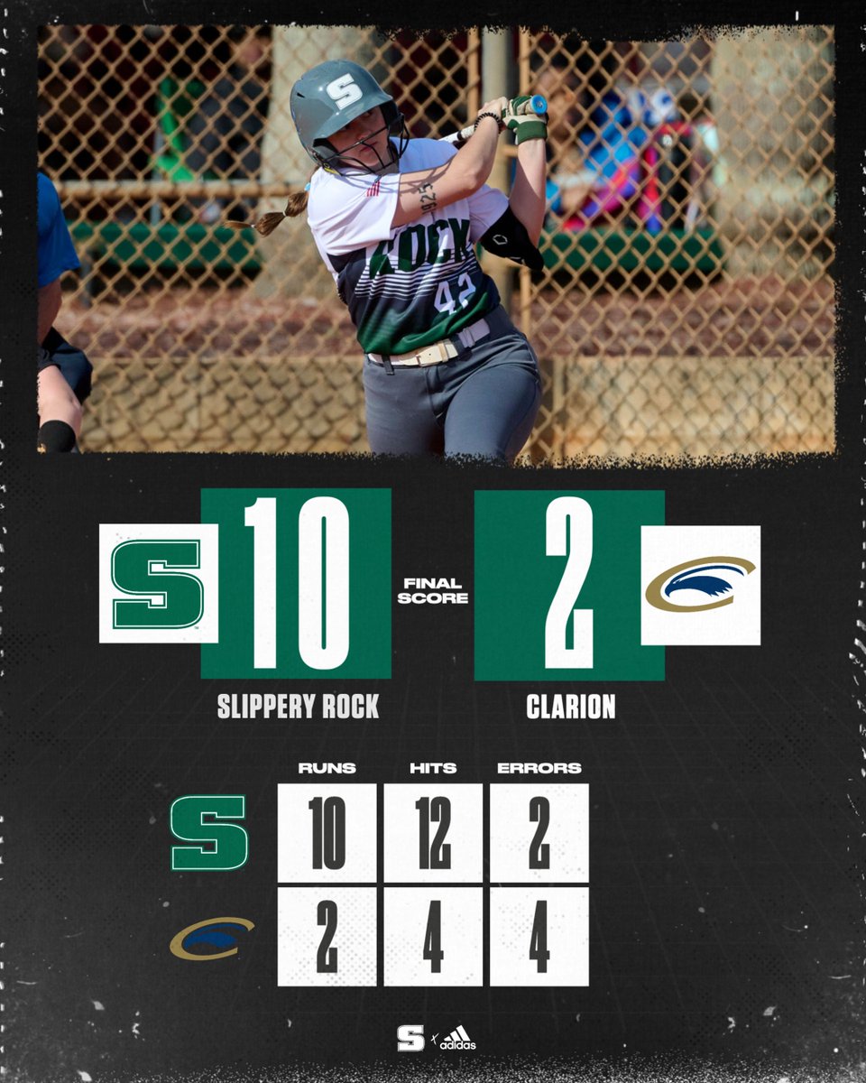 SB: ROCK WINS! A bounceback victory for Slippery Rock as the Green and White take care of business in game two with a 10-2 win at Clarion! Alexsa Hurd threw 16 STRIKEOUTS and Grace Smith drove in three runs on a homer and a triple in a 2-for-4 performance at the plate.