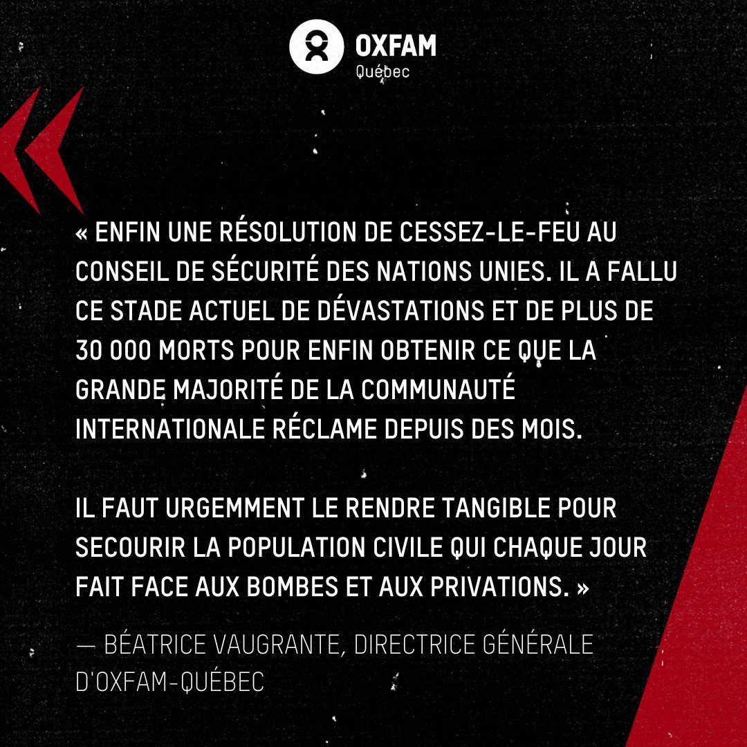 🚨RÉACTION // La résolution adoptée pour un cessez-le-feu immédiat doit devenir tangible et s'inscrire dans la durée. Les Palestiniennes et Palestiniens ne peuvent plus attendre. #Cessezlefeu #CeasefireNOW #Gaza