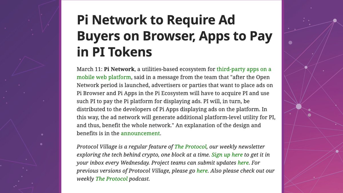 The Pi Ad Network—the network's first prototype of one implementation of a platform-level utility—was featured on CoinDesk protocol village! Check it out: coindesk.com/tech/2024/03/0…