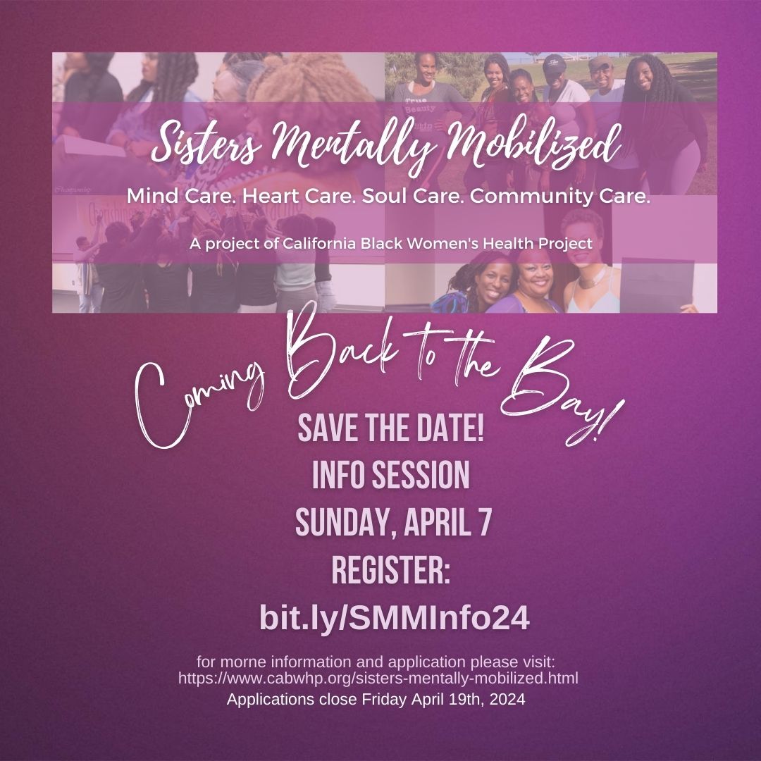 Calling Black women in the Bay passionate about mental health! Apply for SMM-ATP, our no-cost mental health advocate program! To apply check out the link in our bio or visit bit.ly/SMMBay24 And join us on Sunday, 4/7 for the SMM-ATP Info Session: bit.ly/SMMInfo24
