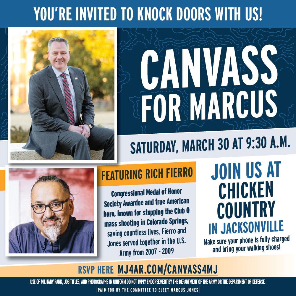 You can join our next canvassing – THIS SATURDAY Lace Up Your Canvassing Shoes 👟🗳️🏠🤝📋 THIS Saturday, March 30, at 9:30 AM Meet at Chicken Country in Jacksonville 1922 W Main St, Jacksonville, AR ➡️ RSVP at MJ4AR.COM/CANVASS4MARCUS