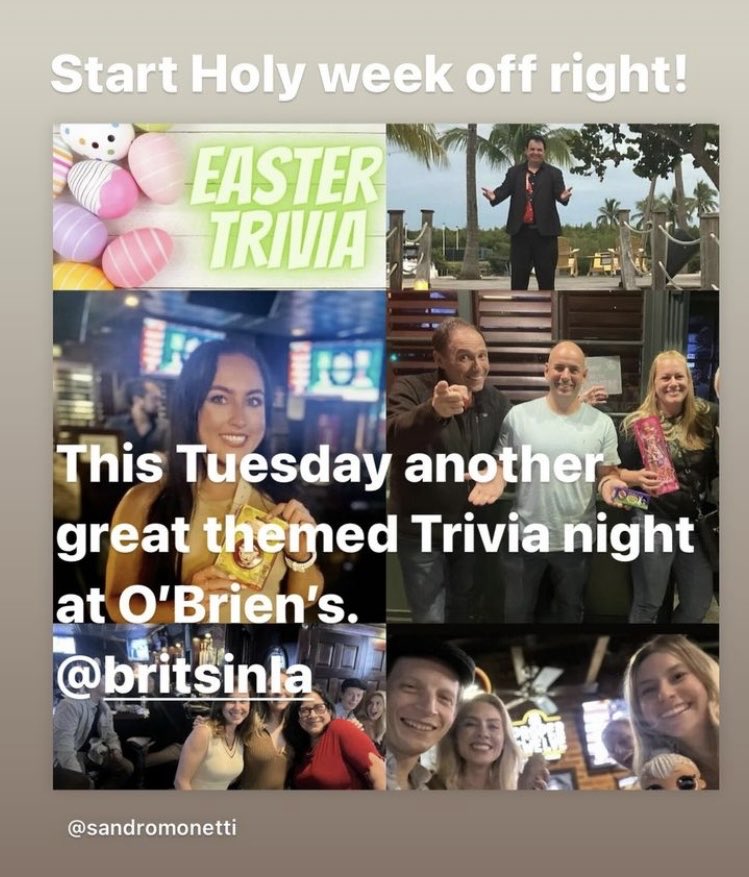 Chocolate eggs and cuddly bunnies are among the prizes when I host a special Easter edition of ⁦@Britsinla⁩ Pub Quiz this Tuesday, March 26 at 8, at ⁦@ObriensIrishPub⁩ in Santa Monica. All welcome to come join the trivia fun.