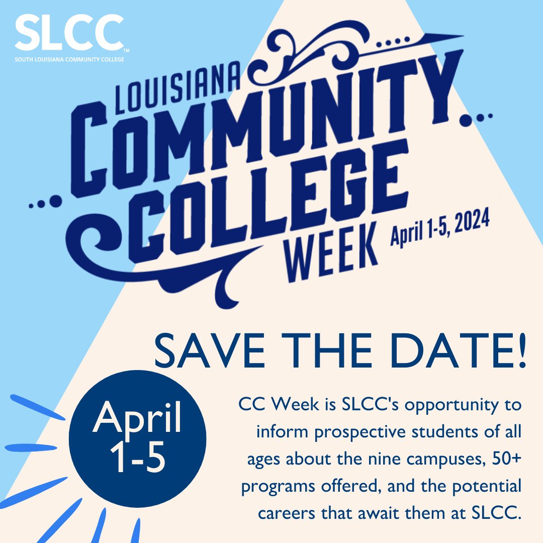 solaccofficial's tweet photo. Join us for Community College Week from April 1 to April 5, 2024. During this week, we will highlight our college's programs, staff, and the opportunities community colleges offer to students throughout Acadiana and the country. More info 👇
https://t.co/J0fcqhuW09 https://t.co/Wq06ZjZyrE