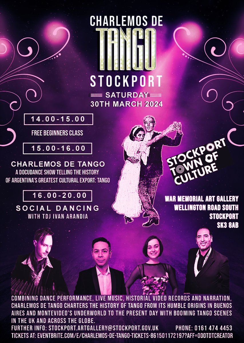 Sat 30th March we are hosting one of London's best #Tango teachers Ivan Arandia &amp; dancers from Tango Manchester! This is your chance to dance, so why not join us for a FREE Tango Beginners class at 2pm!  
orlo.uk/XqnxD
<a href="/SKTownOfCulture/">Stockport Town Of Culture</a> 
#Dance