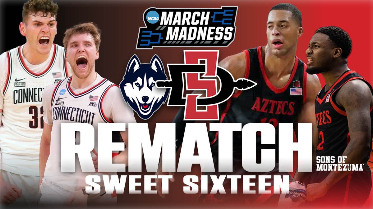 San Diego State Advances to the Sweet-16 again. And like last year, the Aztecs must face @MarchMadnessMBB's #1 team of the Tournament. (5) SDSU vs (1) UConn in a Rematch of last year's National Championship. Join us at 8pm PT Live on YouTube. youtube.com/watch?v=-Dax--…