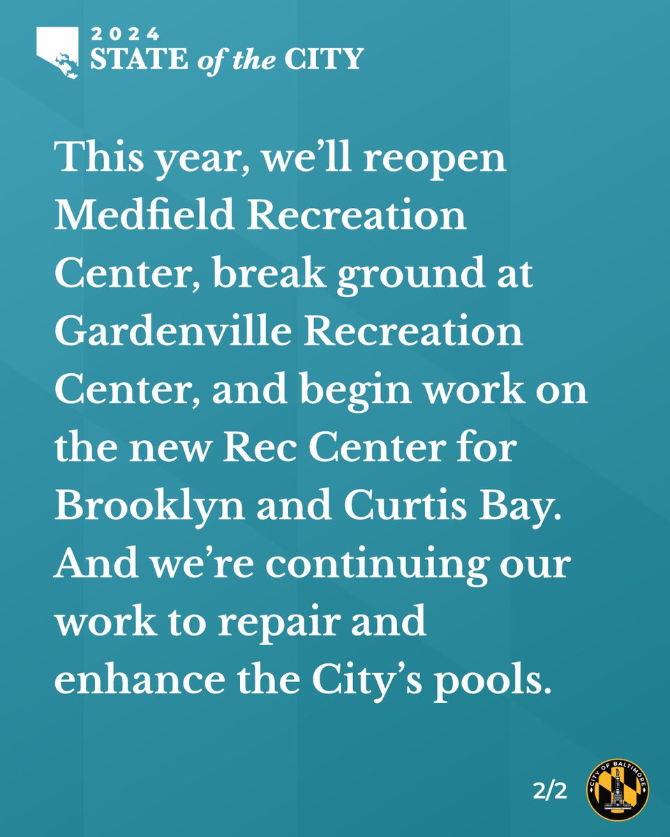 Under my administration, we have built and renovated 7 recreation centers across Baltimore — with an additional facility to be completed next week. Young people are our future — and they deserve a city government that invests in them. #SOTC2024