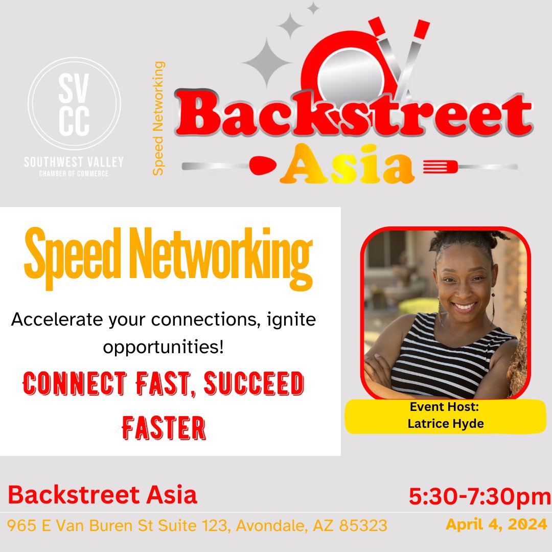 Don't miss out on some speedy connections! Speed Networking is on at Backstreet Asia with event host, Latrice Hyde. Registration is available on our website, see ya there! #SVCC #SpeedNetworking #Networking