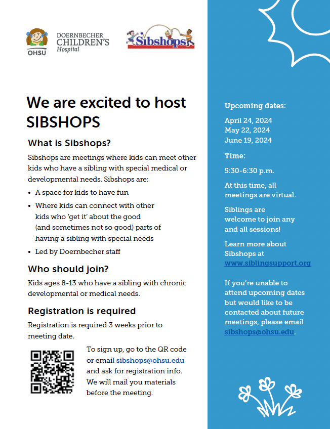 'Sibshops' are meetings where kids can meet other kids who have a sibling with special medical or developmental needs. If you're interested in attending or learning more, please visit bit.ly/48riCiv or email sibshops@ohsu.edu. #DDAwareness2024