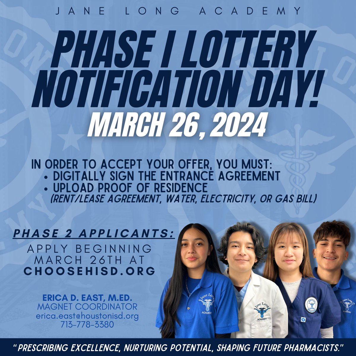 Attention Future Longhorns: Please check your Application Portal on 3/26. Then, you will be able to sign the Entrance Agreement & upload Proof of Residence. If you have any questions, please contact Ms. East. #PrescribingExcellence 💙 💊 #PTECH @HISD_West @HoustonISD @HISDChoice
