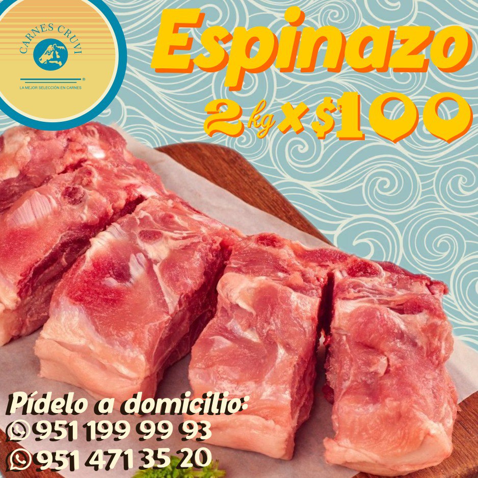 2⃣𝗞𝗴 de Espinazo de 🐷 Por 💲1⃣0⃣0⃣ #CRUVImartes 
Llámanos o visitanos en 
𝐌𝐚𝐭𝐫𝐢𝐳 g.page/carnesCRUVI?sh……
𝟵𝟱𝟭 𝟰𝟳𝟭 𝟯𝟱 𝟮𝟬 
 #Oaxaca #LaPuraSabrosura #LeEchamosLosKilos #CarnesCRUVI  
*𝘈𝘱𝘭𝘪𝘤𝘢 𝘶́𝘯𝘪𝘤𝘢𝘮𝘦𝘯𝘵𝘦 26/Mar/24