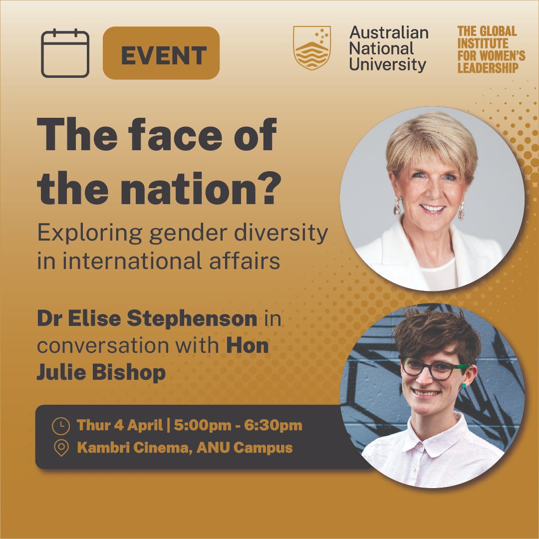 Don't miss this important conversation with @HonJulieBishop and @EliseInTheWoods, as they discuss Dr Stephenson's new book focused on gender diversity in international affairs. 🗓️4 April ⏲️5pm 🚪Kambri Cinema, @ourANU Register now👇 events.humanitix.com/the-face-of-th… @GIWLANU