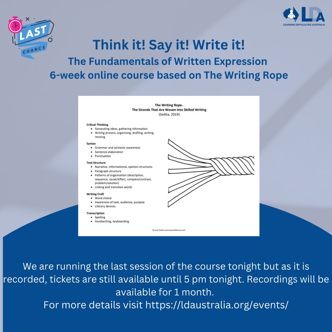 We have come to the final session of the Think it, Say it, Write it! course. All the sessions have been recorded so you still have a chance to book tickets. Ticket sales close at 5pm today. See ldaustralia.org/events/ for more information