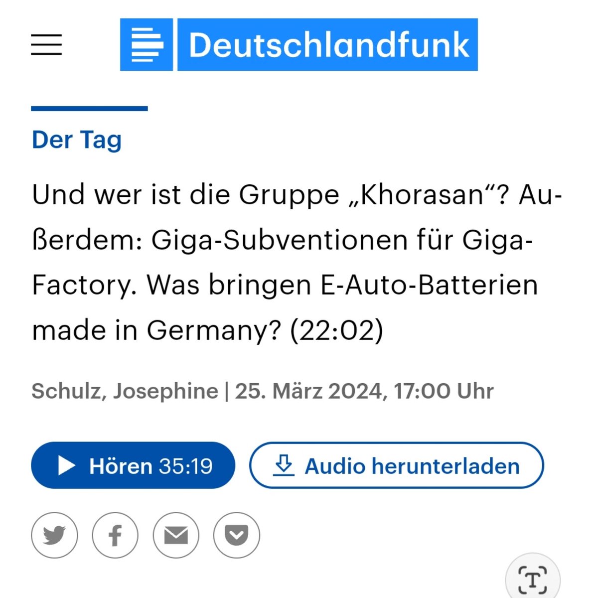Was bringen E-Auto-Batterien made in Germany? Darüber habe ich im @DLF Podcast 'Der Tag' mit Josephine Schulz gesprochen. Anlass war der Baubeginns der Batteriezellenfabrik des schwedischen Unternehmens #Northvolt in #Heide. Ab 22:03 in der Dlf Audiothek share.deutschlandradio.de/dlf-audiothek-…