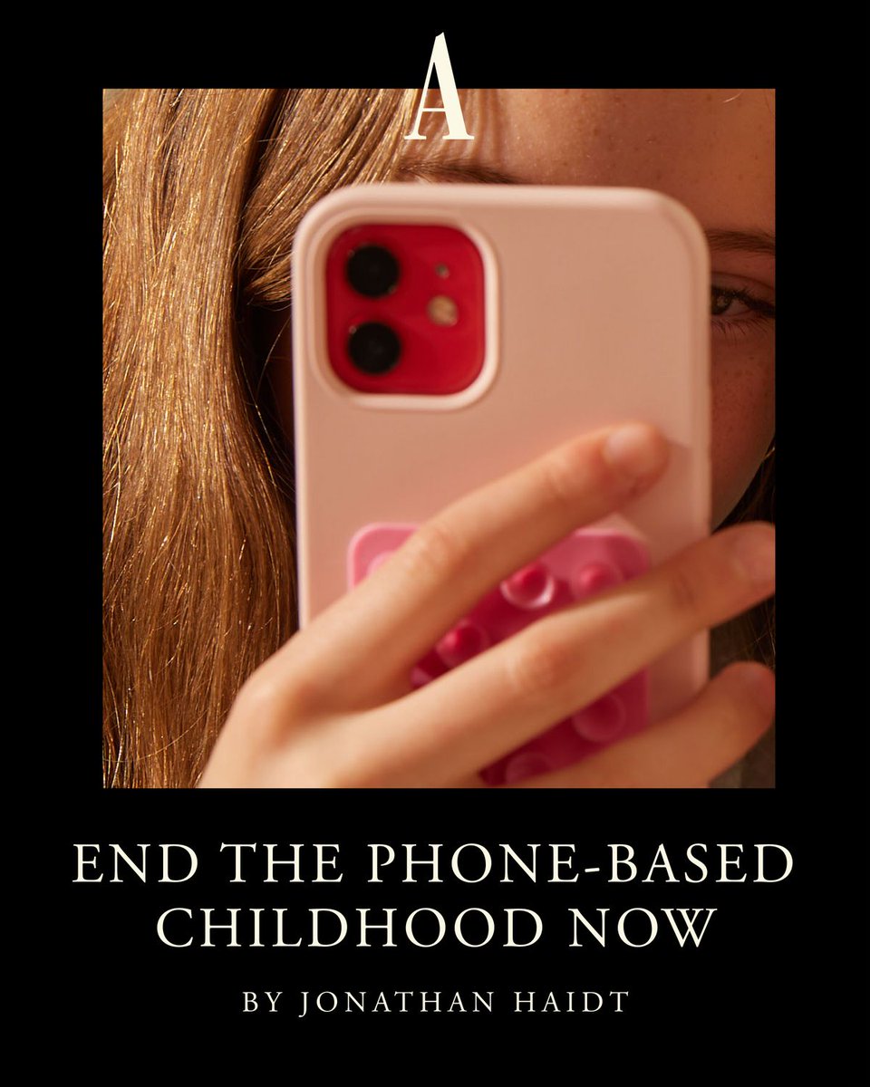 TheAtlantic's tweet photo. The phone-based world in which children and adolescents now grow up is profoundly hostile to human development, @JonHaidt writes. Here's how to save childhood: https://t.co/YtAFmBAFv3 https://t.co/grG3g1D3B9