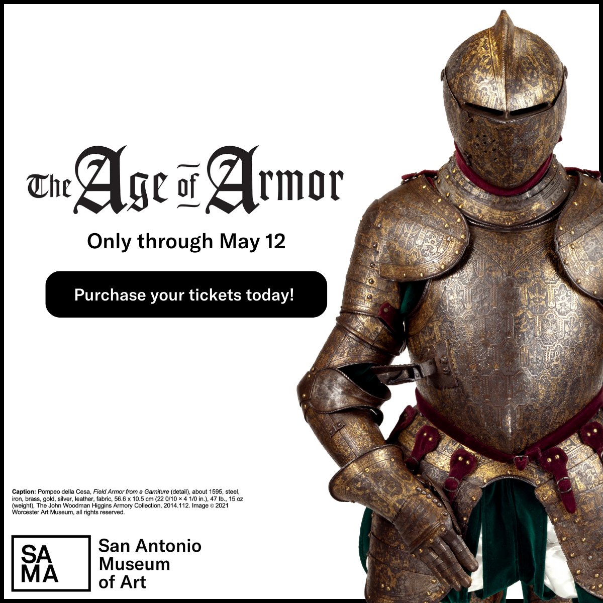 San Antonio Museum of Art's special exhibition The Age of Armor: Treasures from the Higgins Armory Collection is now on view until 5/12! Enjoy tours, a themed cocktail hour, a Princess Bride screening, and more. t.dostuffmedia.com/t/c/s/126853