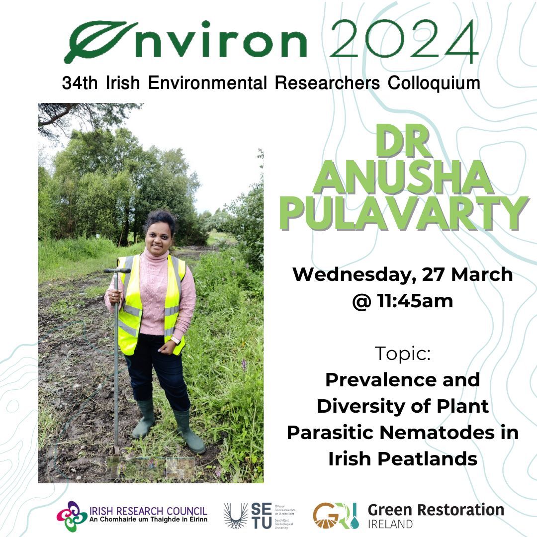 Dr. Anusha Pulavarty, a @setuireland postdoctoral nematologist, sponsored by the #irishresearchcouncil and @greenrestorationireland will present at #environ2024 on the prevalence of plant parasitic nematodes in peatland habitats: buff.ly/3VvGWgs #enviroCORE #ireland