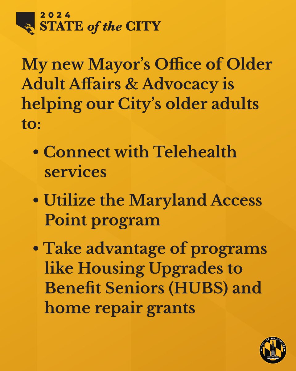 I created Baltimore’s first-ever Office of Older Adults Affairs and Advocacy to prioritize the needs of our older adults and ensure that their voices are heard. They deserve a city where they can age in place and enjoy their golden years. #SOTC2024