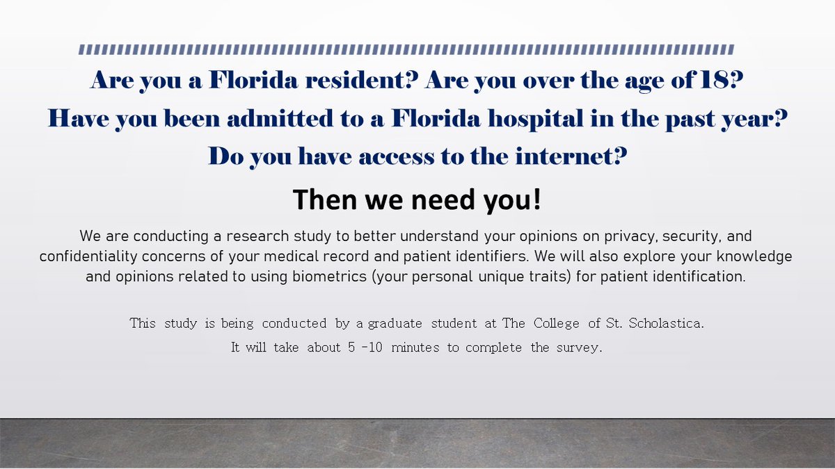 geri_newman's tweet photo. Looking for Florida residents who have been admitted to any Florida hospital in the past year to participate in a research survey. It takes 5 - 10 minutes to complete.

Go here to see if you qualify: https://t.co/szd31WiKxD

Know someone who may qualify? Please Share. https://t.co/GulwBucgHg