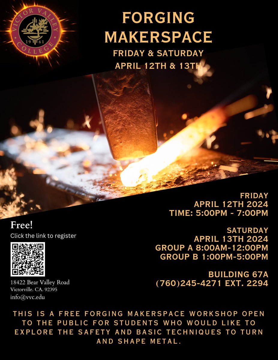 Join us at the Forging Makerspace Workshop on April 12th &amp; 13th, 2024! Explore metal shaping techniques in a FREE event open to the public. Register now to secure your spot! 🔨🔥 #ForgingMakerspace #Metalworking #Workshop"

shop.vvc.edu/index.php?disp…