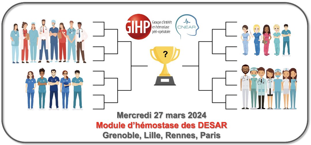 Mercredi c'est module d'hémostase des DESAR à Grenoble, Lille, Rennes et Paris. Au programme, tournoi de cas cliniques inter-CHU. Le GIHP teste les outils de pédagogie et mutualise ses forces pour un enseignement de qualité! @cnear_fr @AJARFrance @SFARJeunes