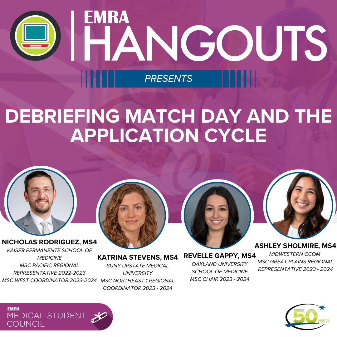 📣 Please join the MSC for EMRA Hangouts, 'Debriefing Match Day and the Application Cycle' on March 29 @ 7:30PM CDT. MS4s Nicholas Rodriguez, Katrina Stevens, Revelle Gappy & Ashley Sholmire will discuss match day & this past application cycle! Register 👉 bit.ly/3TvGnAQ