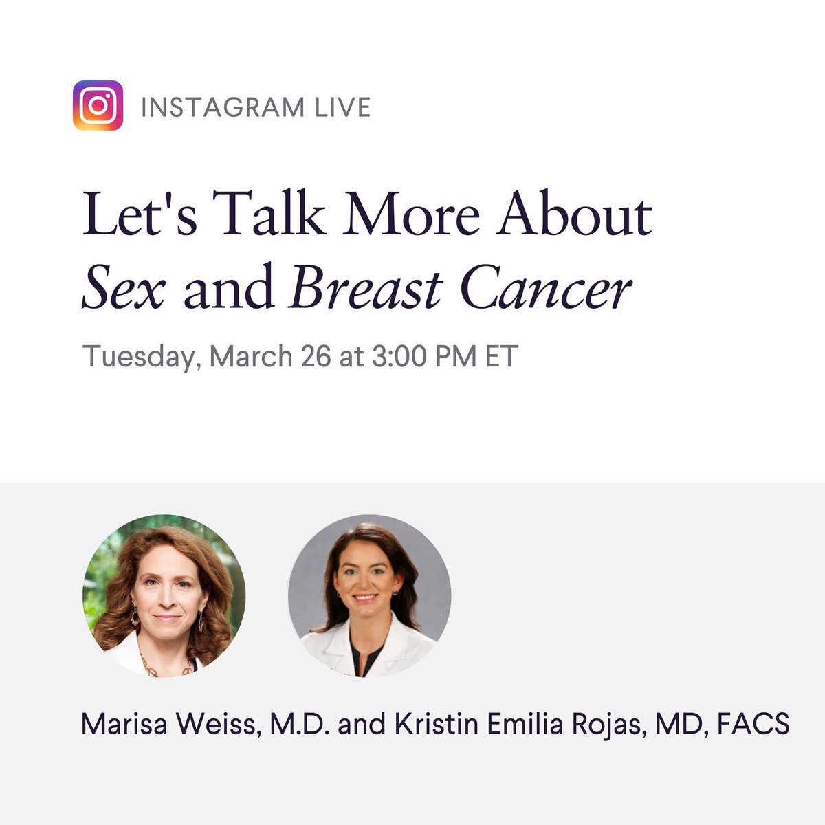 📣 TOMORROW at 3:00 PM ET, head to Instagram (@breastcancerorg) for a LIVE Q&A with @DrMarisaWeiss and @kristinrojasmd to anwser your questions and talk more about sex and breast cancer. For more tips and advice on this topic, watch our latest webinar: bit.ly/42ZFYL2