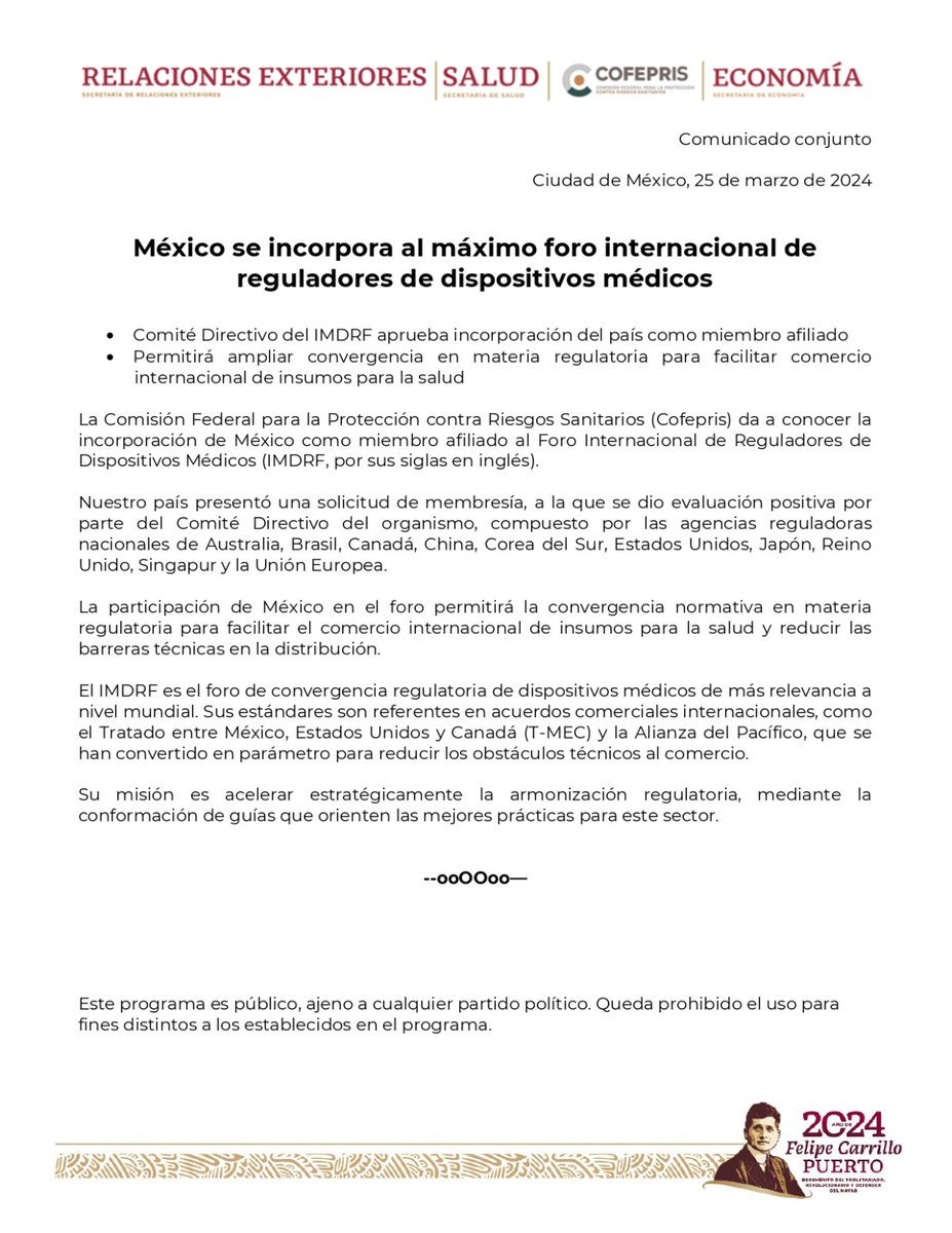 #ComunicadoConjunto México se incorpora al máximo Foro Internacional de Reguladores de Dispositivos Médicos, esto permitirá la convergencia normativa en materia regulatoria para facilitar el comercio internacional de insumos para la salud y reducir las barreras técnicas en la