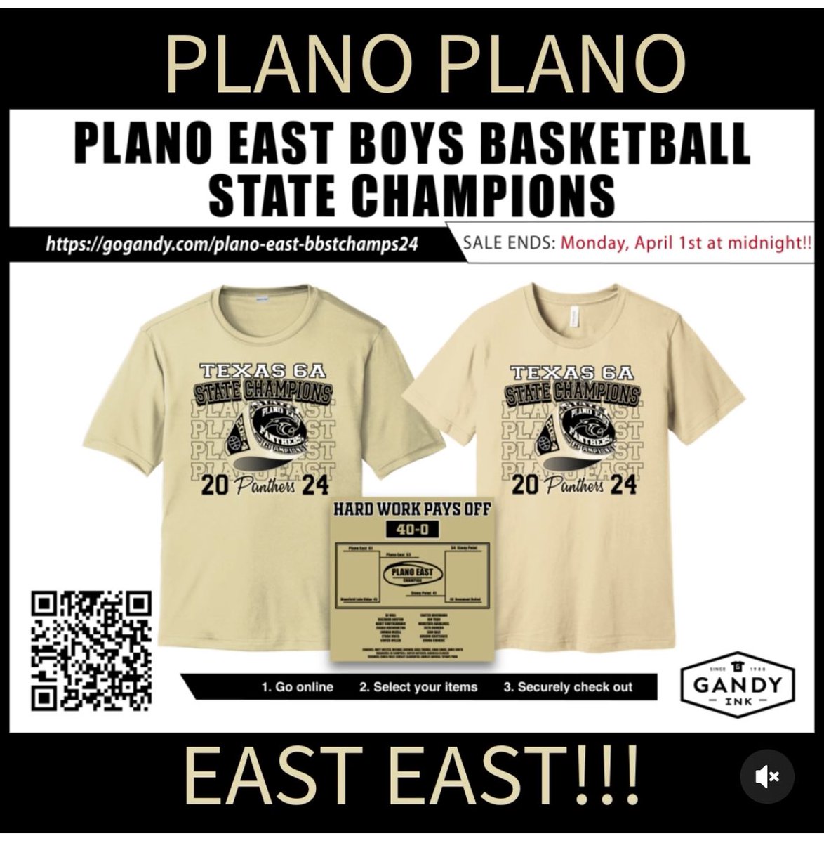 State Championship Shirts are HERE!!! Buy yours today to celebrate the historic season of your 40-0, 6A State Champ Plano East Panthers!! Link: gogandy.com/plano-east-bbs… Store closes on Monday, April 1st @ 11:59 PM. PLANO PLANO, EAST EAST