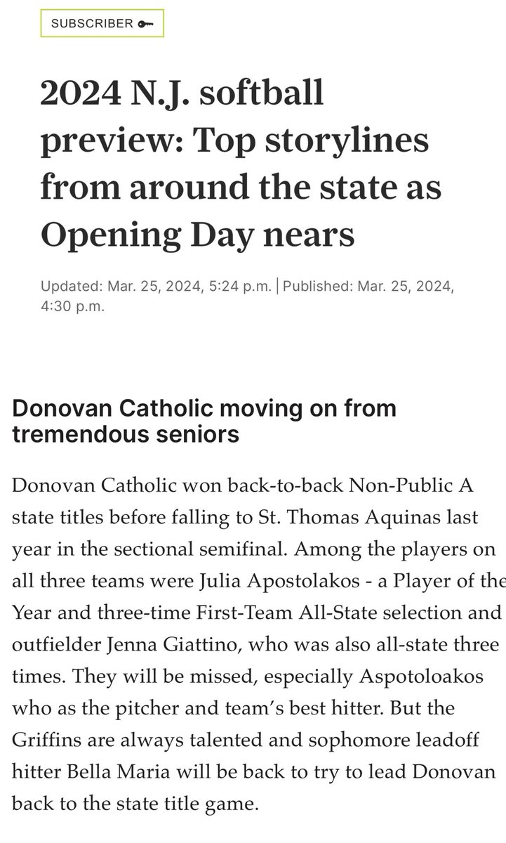 Thanks to NJ.com @Jake_Aferiat & @bybillevans for this write up. Being able to play for @Donovansoftbal1 and share the field with my teammates means the 🌎to me. Playing for this program with is rich History & Tradition is a great honor. @ExtraInningSB…