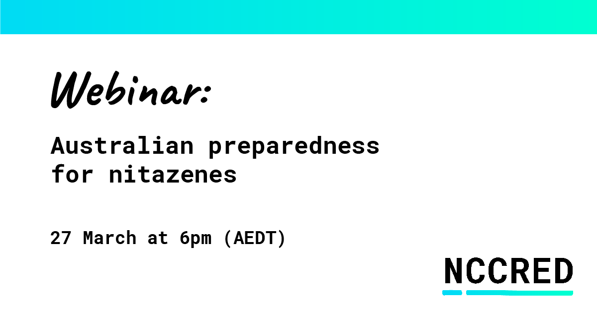 Join us for a webinar tomorrow on Australian preparedness for nitazenes. We will be joined by colleagues from Ireland to discuss a cluster of overdoses from 2023, and what can be learned for Australian preparedness. Register: us06web.zoom.us/webinar/regist…