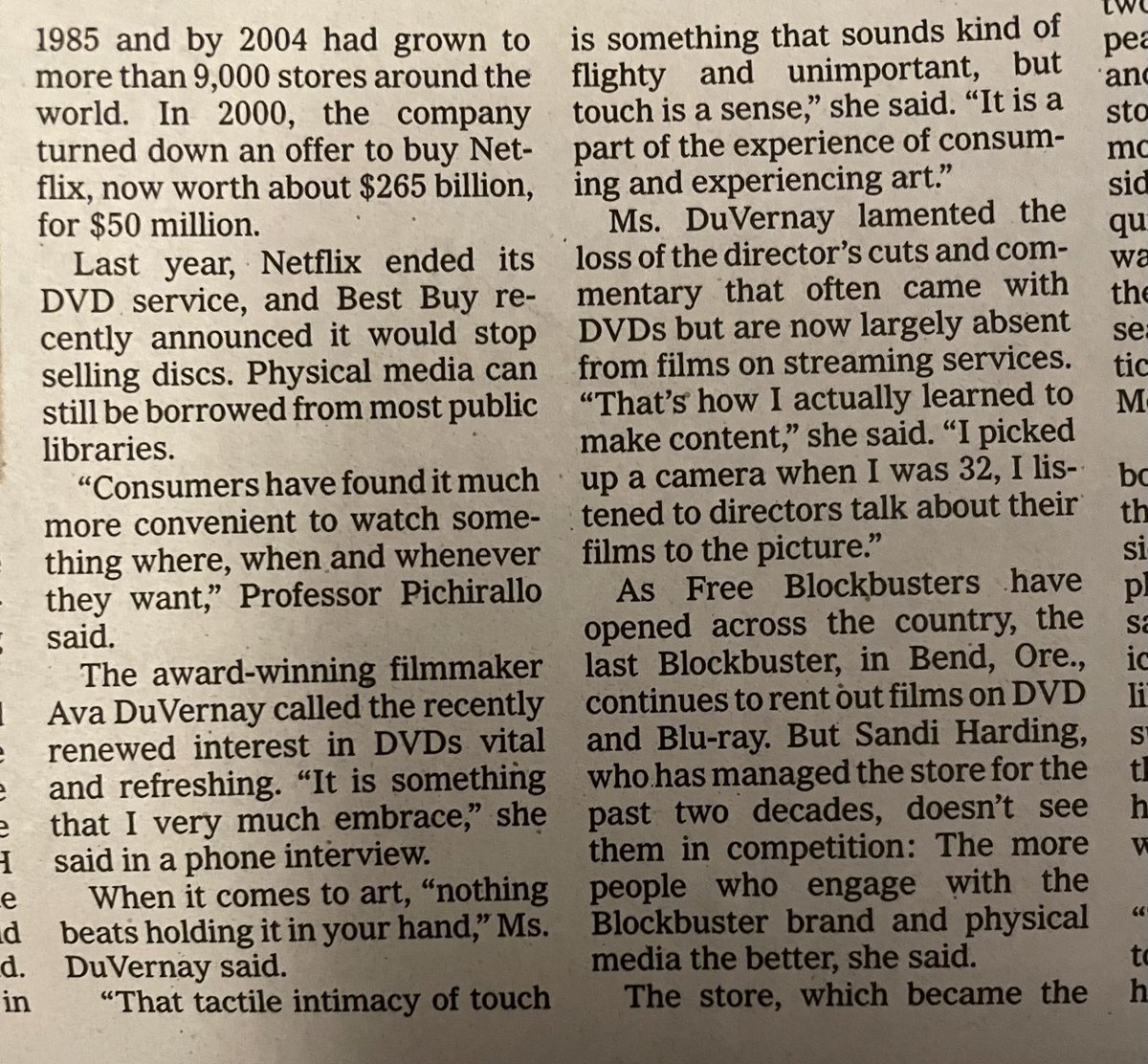 Jay Jennings (@jayjenni) on Twitter photo Reading on newsprint this story about Free Blockbuster boxes (like Little Free Libraries for VHS and DVDs) in the Sunday <a href="/nytimes/">The New York Times</a> and found this beautiful quote from Ava DuVernay about physical media having “tactile intimacy.” No algorithm would have sent me here. Reading on newsprint this story about Free Blockbuster boxes (like Little Free Libraries for VHS and DVDs) in the Sunday <a href="/nytimes/">The New York Times</a> and found this beautiful quote from Ava DuVernay about physical media having “tactile intimacy.” No algorithm would have sent me here.