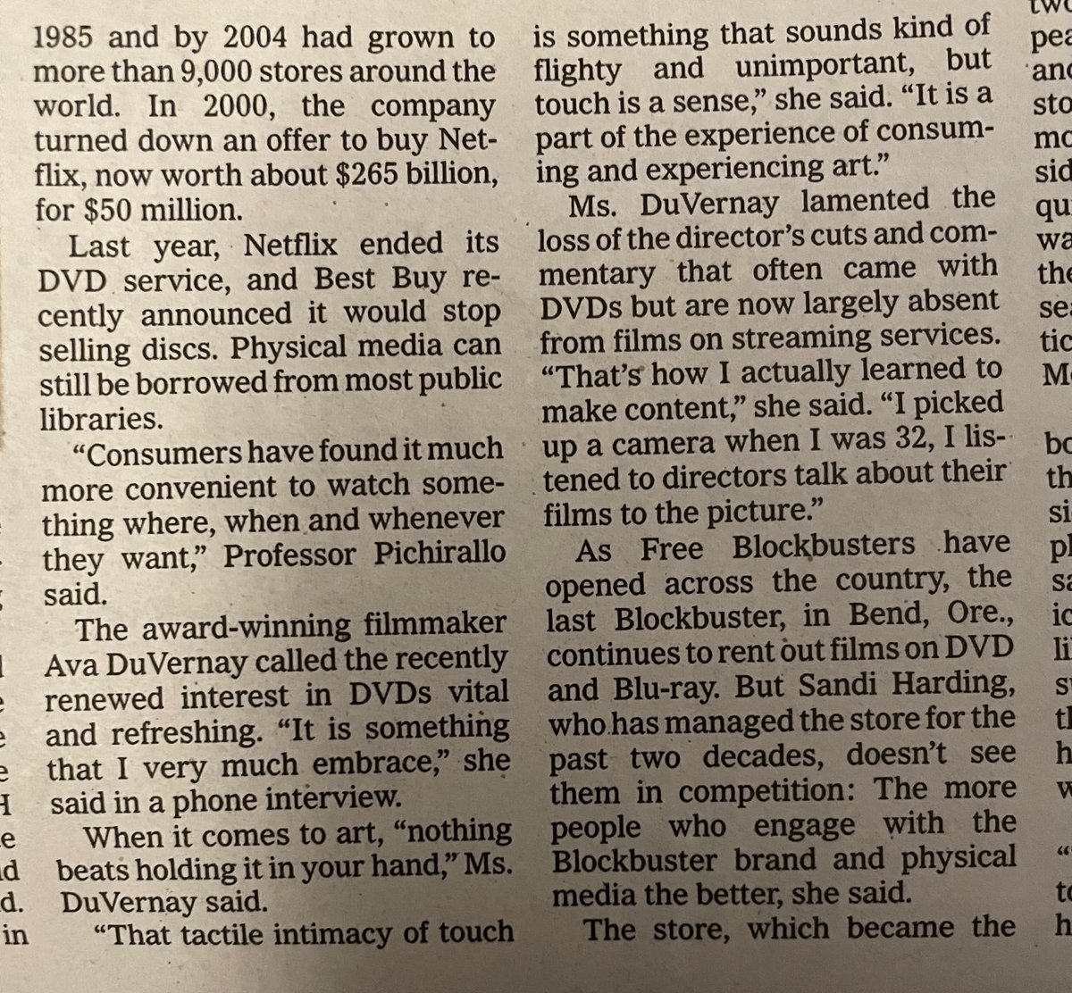 Reading on newsprint this story about Free Blockbuster boxes (like Little Free Libraries for VHS and DVDs) in the Sunday @nytimes⁩ and found this beautiful quote from Ava DuVernay about physical media having “tactile intimacy.” No algorithm would have sent me here.