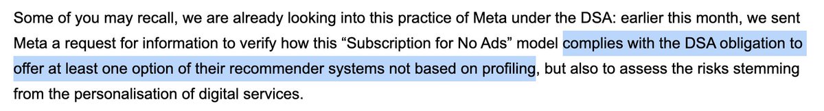 We finally have an answer to why EC would be investigating consent-or-pay under the DSA! Answer: Article 38, which requires a RecSys (apparently includes ad targeting despite DSA using term '[ads] systems' alongside) alternative w/o profiling. @hutko @FHortalForonda