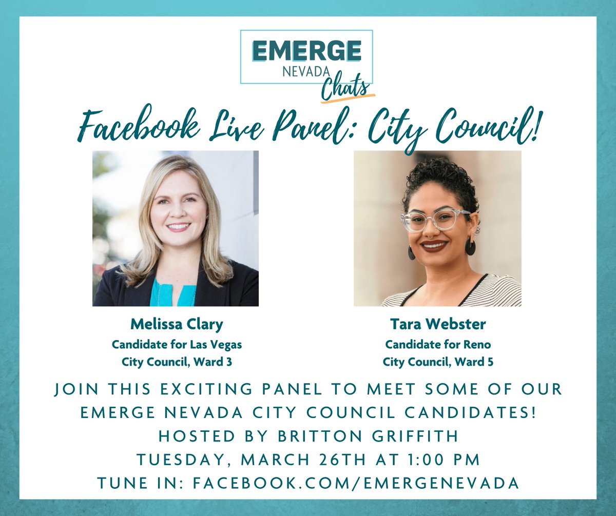 Local politics directly impact our daily lives, so electing experienced & qualified candidates is so important 🙌 Join us for Emerge Chats to hear candidates Melissa Clary and Tara Webster explain their visions for City Council. Tune in on Tuesday at 1pm! Facebook.com/EmergeNevada