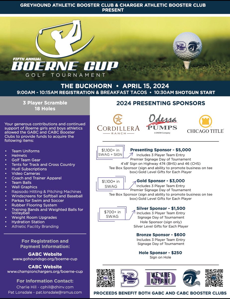 CABC kicked off our Spring campaign to raise funds for both CHS and BHS athletics with the annual Boerne Cup Golf Tournament on April 15. We are selling raffle tickets to win one of three $1000 Visa gift cards. The drawing will be held at the tourney! cabc.membershiptoolkit.com/form/m/275969