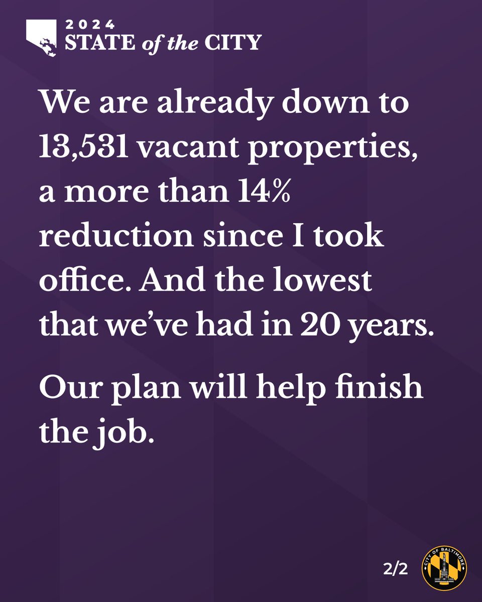 Vacant properties in Baltimore are the lowest we have seen in HISTORY. Under my administration, we have and will pursue our historic $3 billion vision to end the vacants crisis once and for all. #SOTC2024