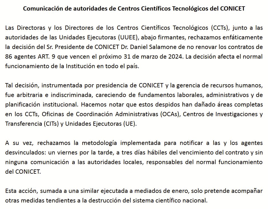 Declaración de directores de CCTs y de Institutos de CONICET RECHAZA la decisión del Presidente de CONICET Dr. Salamone de no renovar los contratos de 86 agentes q vencen el 31 de marzo. La decisión afecta el funcionamiento de la Institución en todo el país
En el 🧵van las firmas