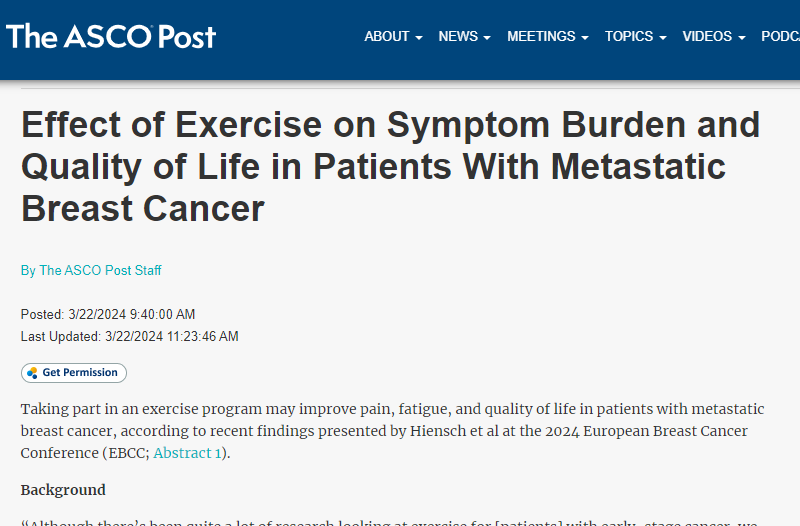 Fantastic @ASCOPost post of outstanding RCT - 357 met #BreastCancer pts - 6 countries - 9mo exercise program: 🏋️resistance 🏃‍♀️aerobic 🤸balance 2x/w RESULTS: ⬇️fatigue ⬆️QoL ⬇️pain. 💪Encouraged 30 mins/day PA @MIgnatiadis @AnoukHiensch 👉ascopost.com/news/march-202…