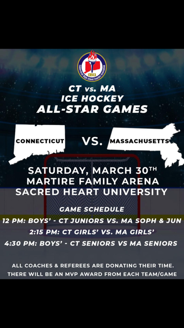 Just one more set of all-star games left when MA faces CT on Saturday, March 30th!  Participants - plan out your travel plans &amp; aim to be at Sacred Heart University"s Martire Family Arena 45 mins to an hour before your scheduled game time.
