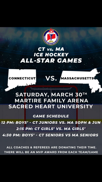 Just one more set of all-star games left when MA faces CT on Saturday, March 30th! Participants - plan out your travel plans & aim to be at Sacred Heart University's Martire Family Arena 45 mins to an hour before your scheduled game time.