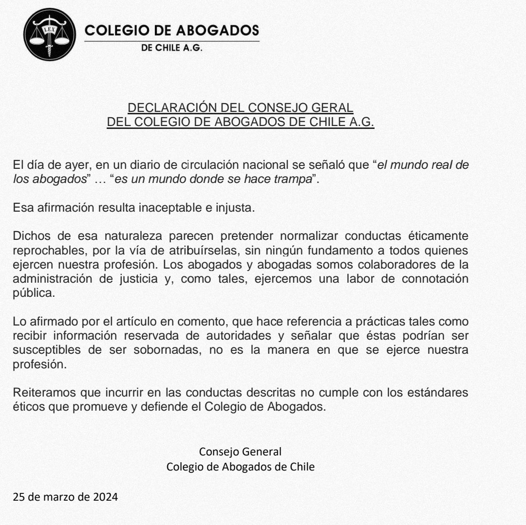 Un diario de circulación nacional señaló que 'el mundo real de los abogados..es un mundo donde se hace trampa'. Está afirmación es inaceptable. Reiteramos que incurrir en las conductas descritas no cumple con los estándares éticos que promueve y defiende el Colegio de Abogados