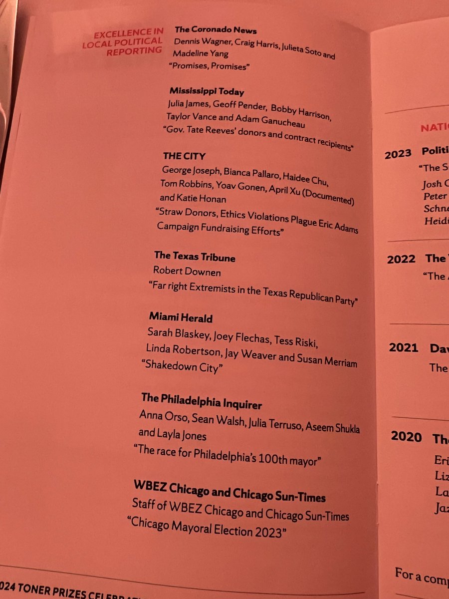 Very cool to be at the Toner Prizes with @KEXU3 & @biancapallaro & @RichardKimNYC where @THECITYNY is a finalist for local political reporting. We are in great company! 🤞🏼