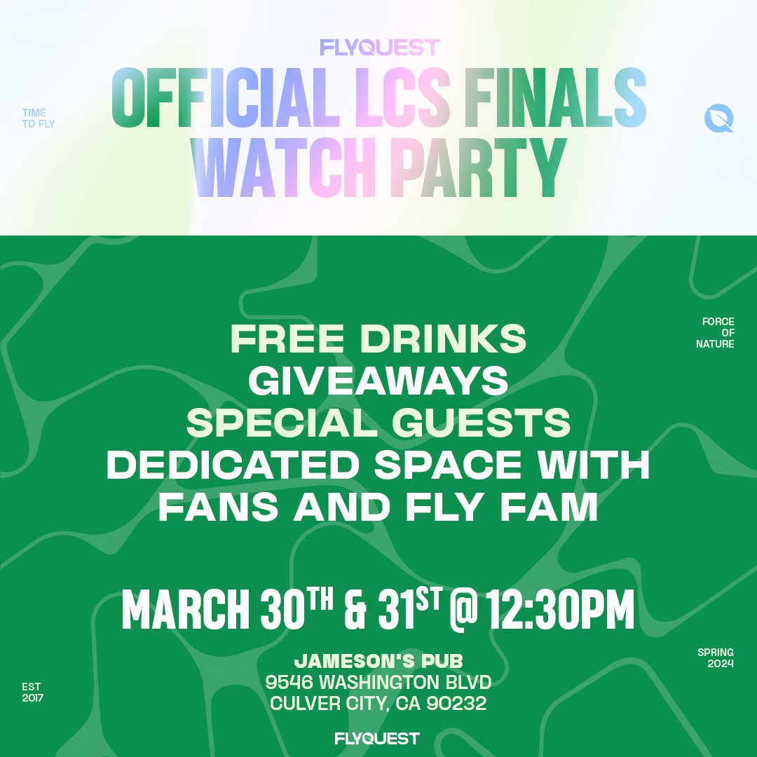 Bring your FLYFAM spirit and cheer on the team at our #LCS Finals Watch Party! 🌱All ages welcome! 🍃RSVP: bit.ly/3TQb054 #TimeToFly