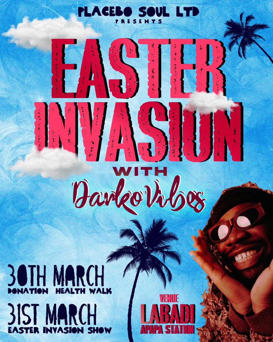 CruxGlobal's tweet photo. "Easter Invasion" this weekend with @darkovibes at Labadi-Apapa Station. See you 🫵🏽 there 🎶🎶💃🏽
#BUTiFLY #darkovibes https://t.co/iE9UoR8Wzn