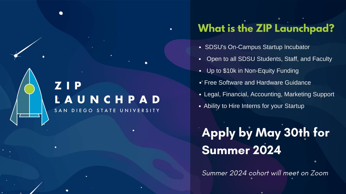 Apply now for the ZIP Launchpad summer 2024 virtual cohort and transform your innovative ideas into reality from anywhere! Click this link to apply: ziplaunchpad.sdsu.edu/apply?utm_sour…