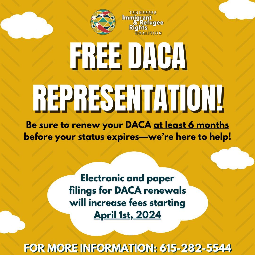 TIRRC offers free DACA representation, and it’s super important to renew your DACA at least 6 months before your status expires. Be sure to call our legal line to learn any updates on DACA renewal fees, and to get free legal representation from our legal team! ☎️: (615)-282-5544