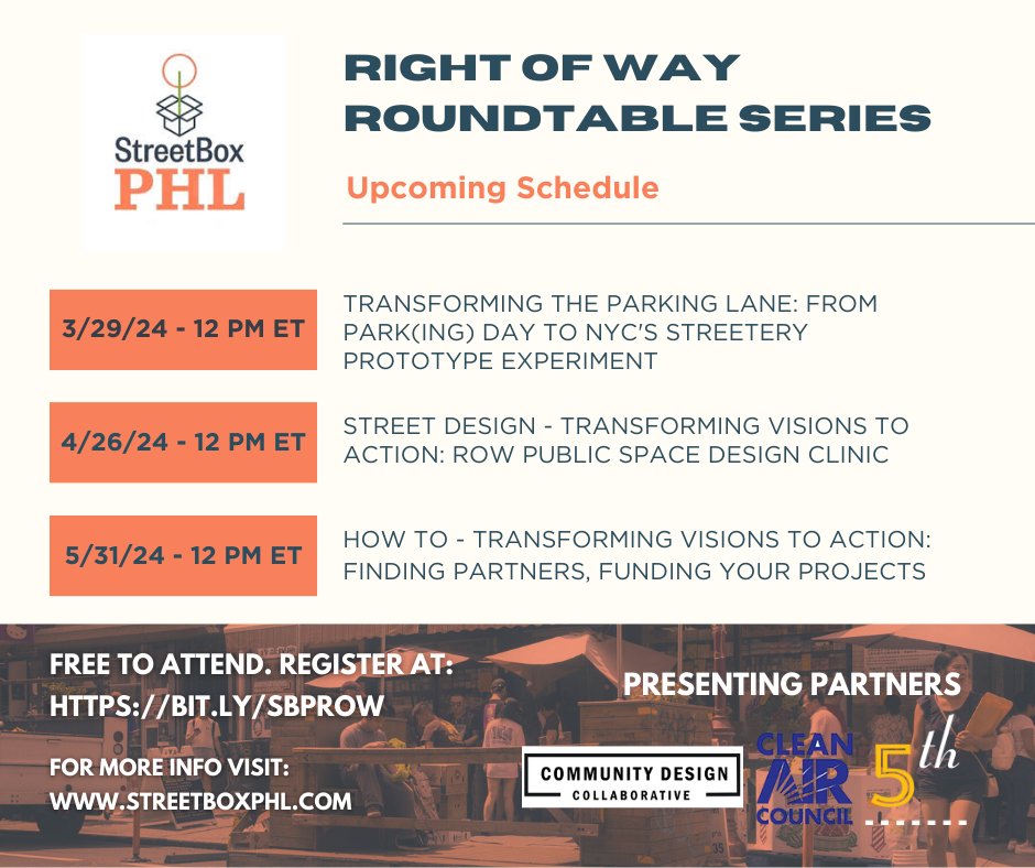 StreetboxPHL's tweet photo. Join StreetBoxPHL's monthly rountable this March 29th to learn more about Transforming the Parking Lane with Erike H. De Veyra and David Vega-Barachowitz.

Click this link  https://t.co/VrDzrgsn6R for more info and to register for our upcoming roundtables! #StreetBoxPhl https://t.co/r09Xgvj8JV