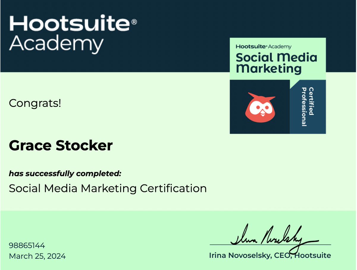 stockergrace309's tweet photo. Super excited to announce my next @hootsuite certification! I learned a lot about social media and how it can be used in marketing! #COM309 https://t.co/GJhFp8nENf