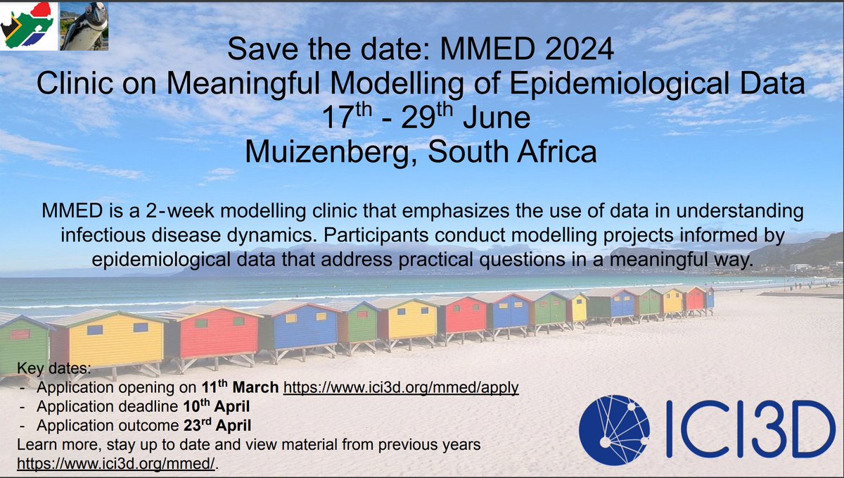 🗣️🗣️🗣️🗣️ Please Spread The Word ! Clinic on Meaningful Modelling of Epidemiological Data (MMED). 2 ‐week modelling clinic emphasizes use of data in understanding infectious disease dynamics 🗓️ 17th - 29th June, 2024, Muizenberg, South Africa. Apply: ici3d.org/mmed/apply