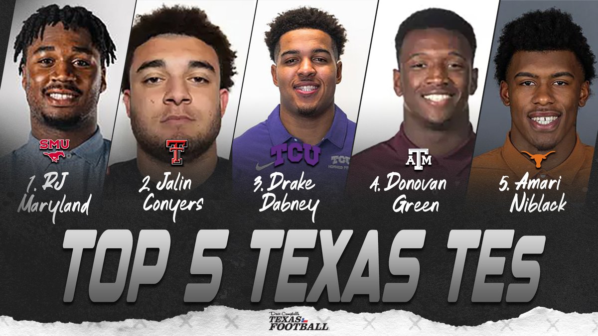 These are the Top 5 TEs in Texas for 2024 1. @RJMaryland1 | @SMUFB 2. @therealjconyers | @TexasTechFB 3. @DabneyDrake09 | @TCUFootball 4. @Donovangreen23 | @AggieFootball 5. @officiallly13 | @TexasFootball Check out the Top 10 👇 via @CravenMike texasfootball.com/2024-texas-10-…